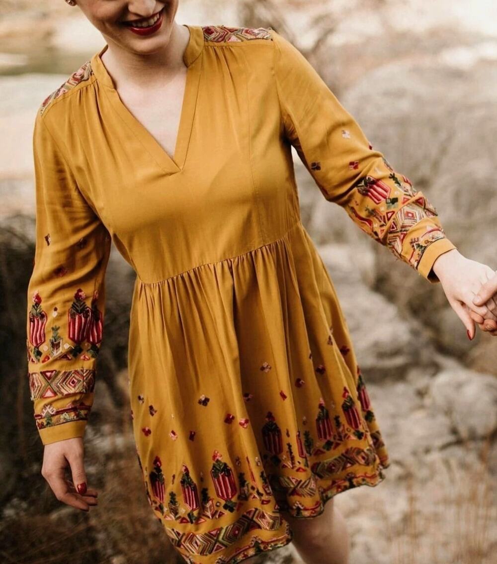 Anthropologie Floreat Raella Embroidered Tunic Dress Sz M Marigold Yellow